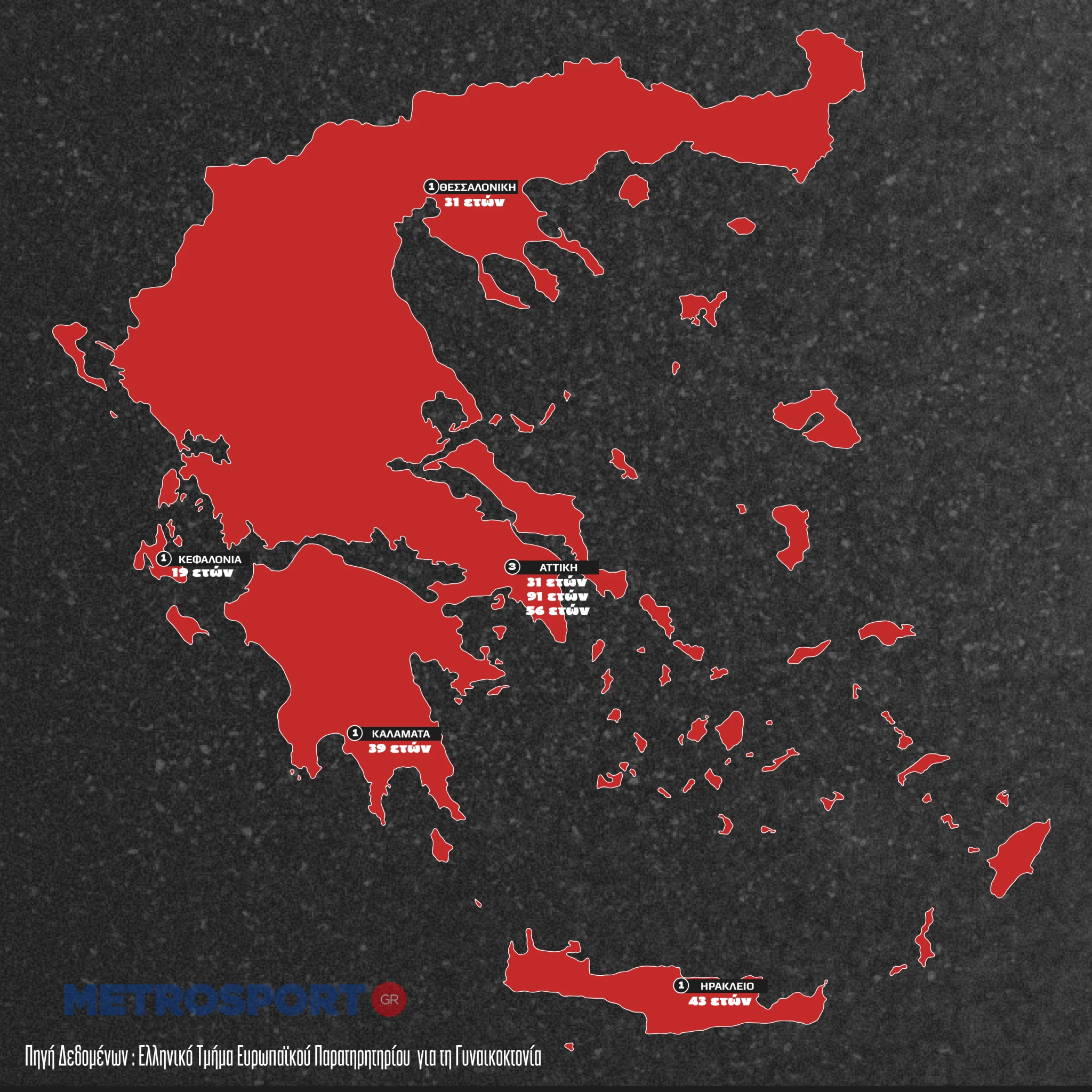 Χάρτης με τα θύματα γυναικοκτονιών το πρώτο 6μηνο του 2026