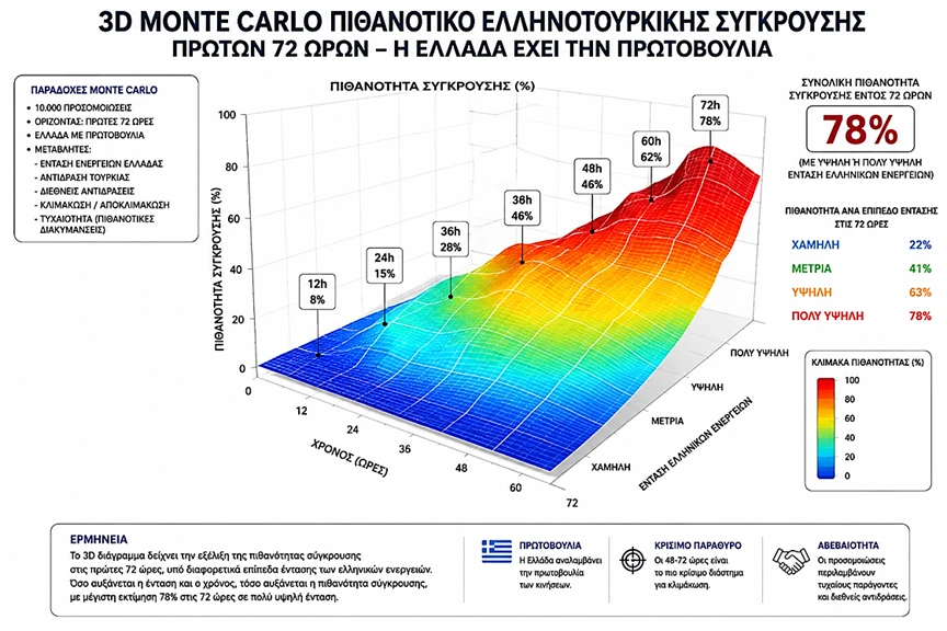 <b>Το διάγραμμα αποτελεί εννοιολογική προσομοίωση Monte Carlo και όχι επιχειρησιακή πρόβλεψη. Η τιμή 78% δεν εκφράζει πραγματική πιθανότητα ελληνοτουρκικής σύγκρουσης, αλλά σχετικό δείκτη του μοντέλου υπό τις συγκεκριμένες παραδοχές: Σύντομη διάρκεια 72 ωρών, ελληνική πρωτοβουλία, υψηλή ένταση, ταχεία διεθνής παρέμβαση και μη γραμμική κλιμάκωση. Τα αποτελέσματα πρέπει να ερμηνεύονται ως απεικόνιση στρατηγικής τάσης και όχι ως ποσοτική εκτίμηση πραγματικού πολεμικού αποτελέσματος.</b>