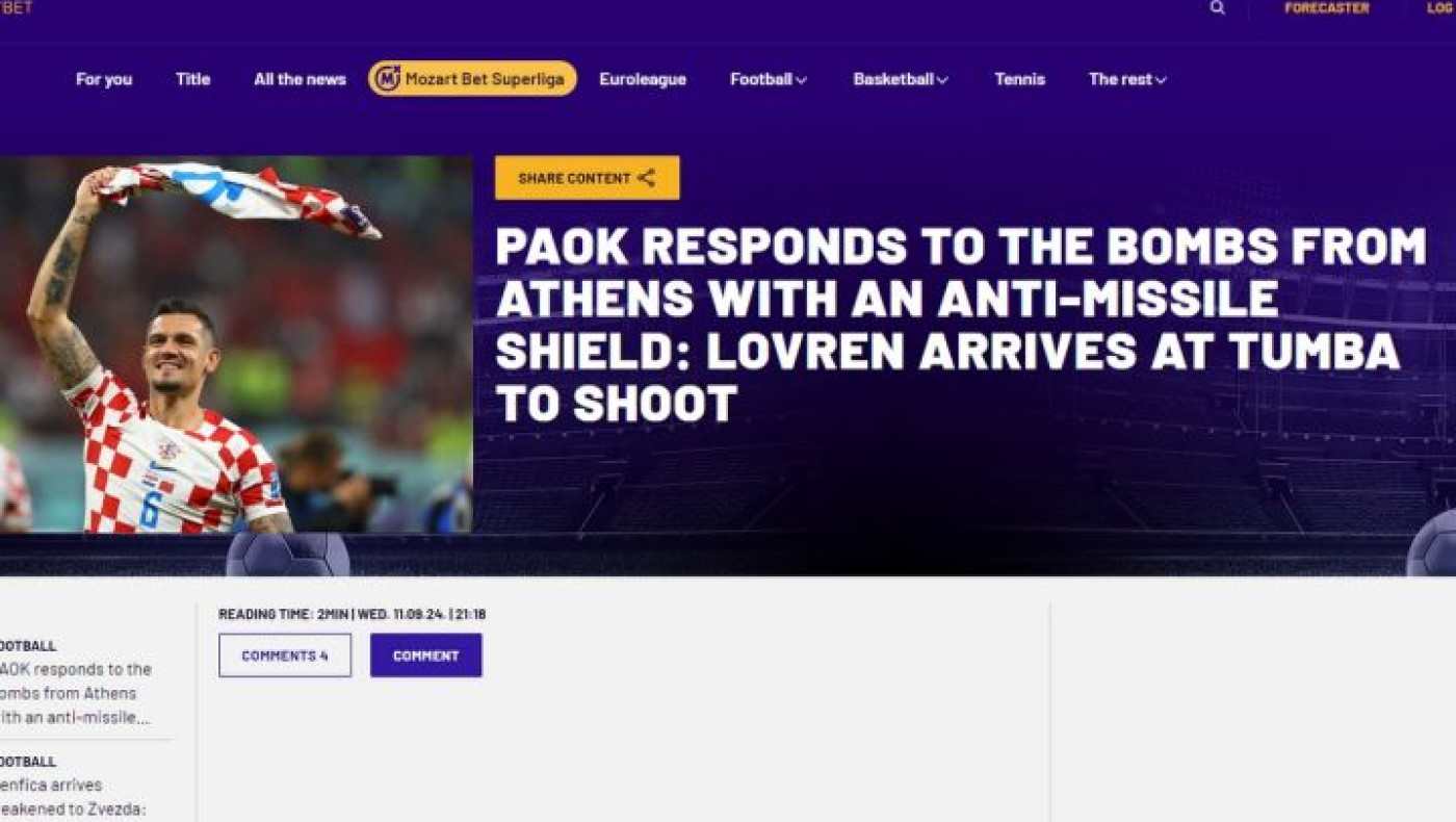Mozzarsport: «Ο ΠΑΟΚ απαντάει στις βόμβες της Αθήνας με αντιπυραυλική ασπίδα, ο Λόβρεν έρχεται στην Τούμπα για να πυροβολήσει»